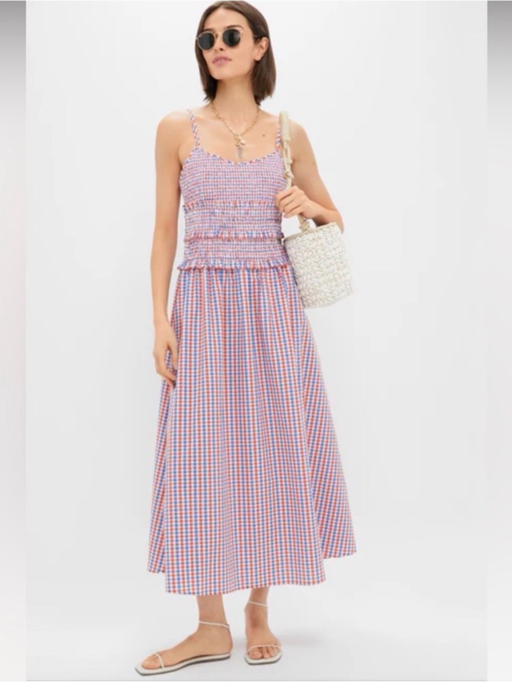 NWT HUNTER BELL Francie Lighthouse Gingham Maxi Red White Blue Sundress Smocked - Picture 4 of 11